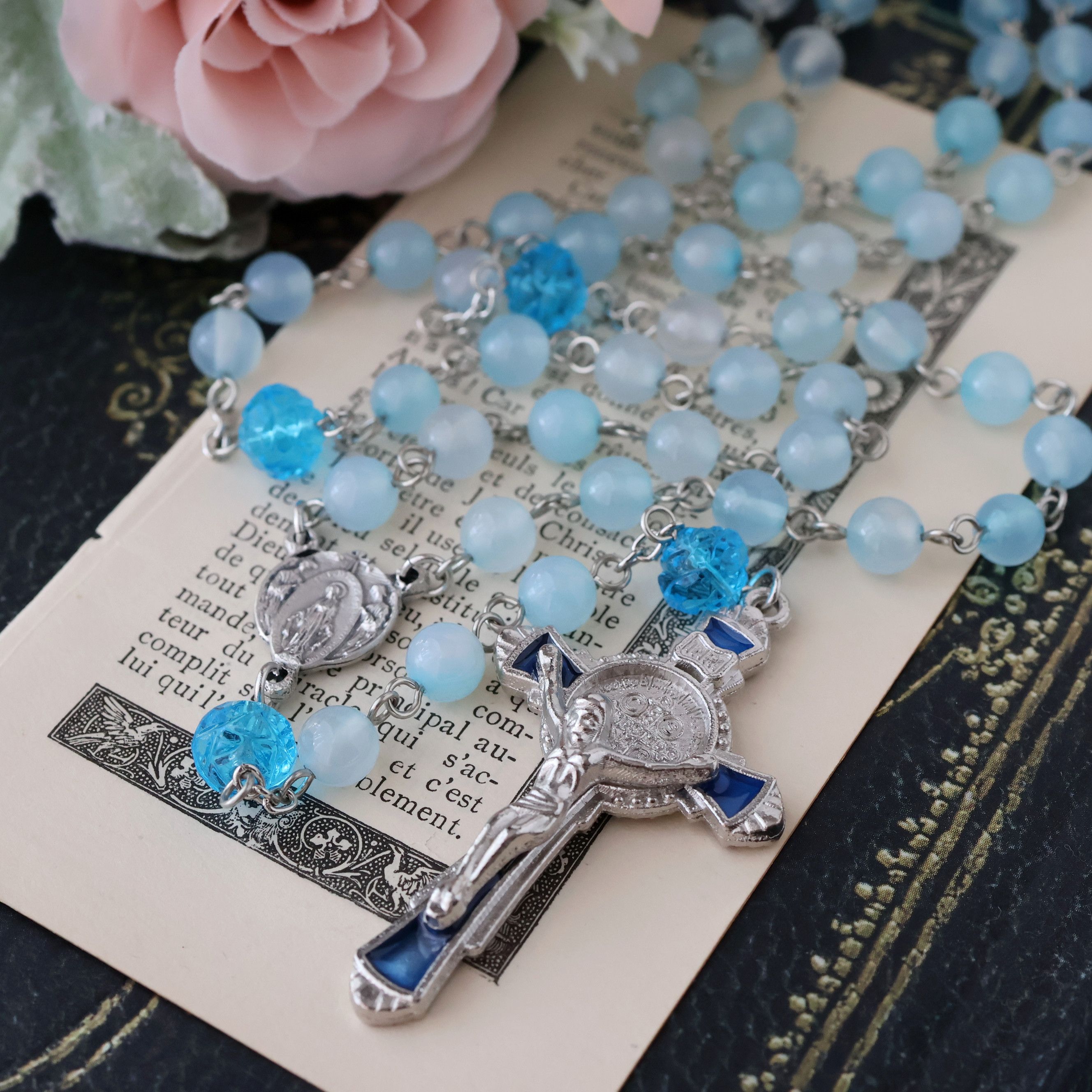 スカイブルーアゲート×チェコビーズのロザリオ