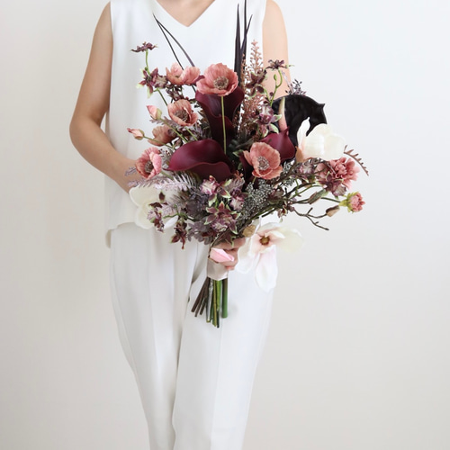 ボルドー×ホワイト 大人シックなウェディングブーケ ブートニア 完成品