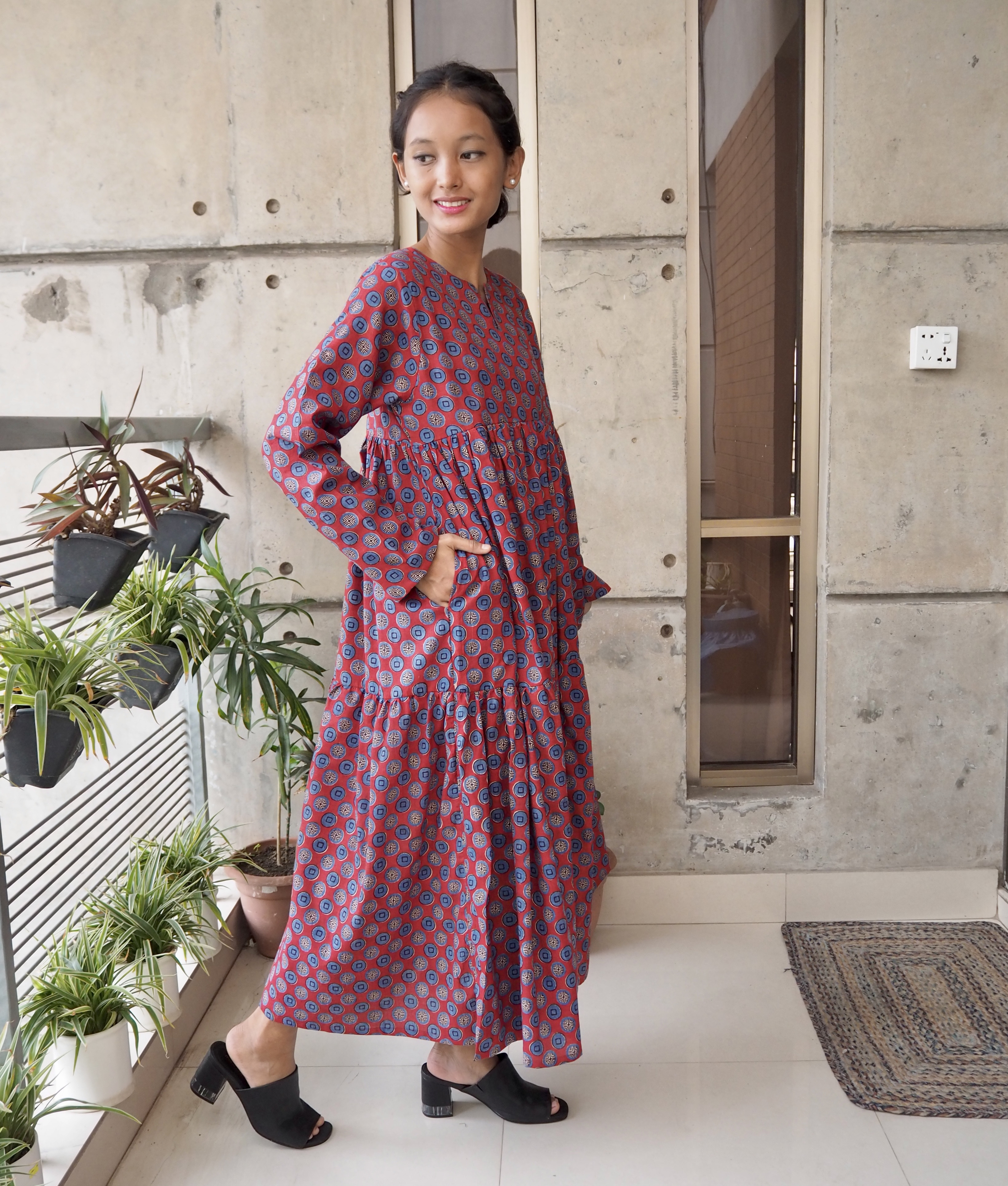 インド綿ティアードワンピース（ハンドブロックプリント）