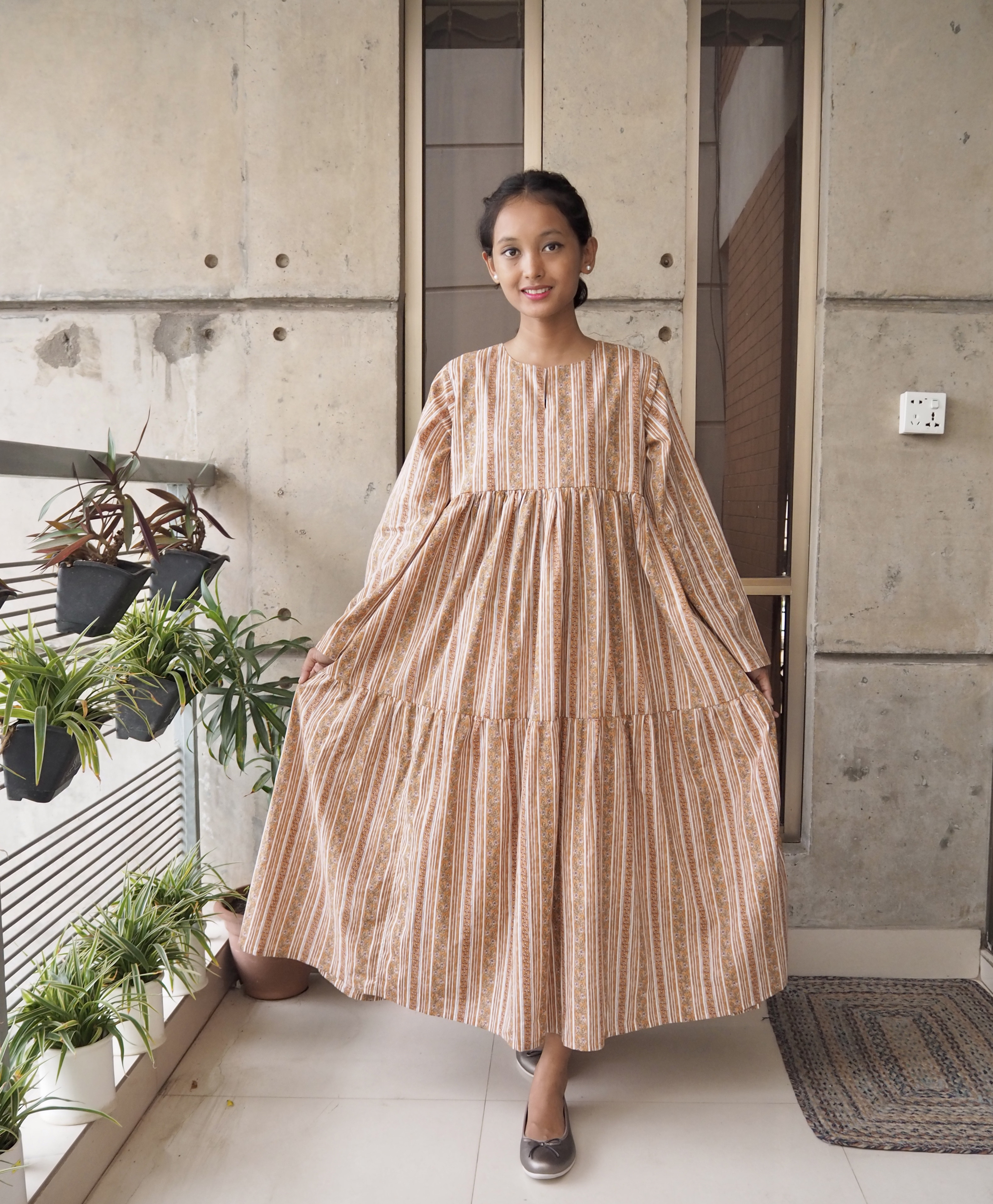 インド綿ティアードワンピース（スクリーンプリント）