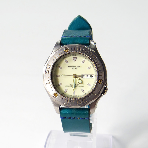腕時計ベルト 腕時計バンド 牛革レザー 16mm〜20mmのラグ幅で制作 スカイブルー 空色 2枚目の画像