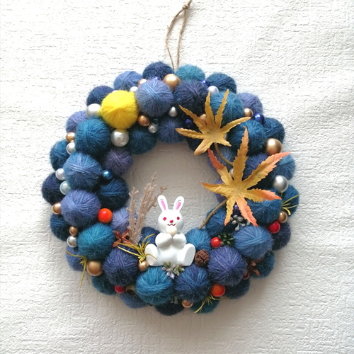 毛糸玉のお月見リース（餅食べうさぎヴァージョン） 毛糸玉