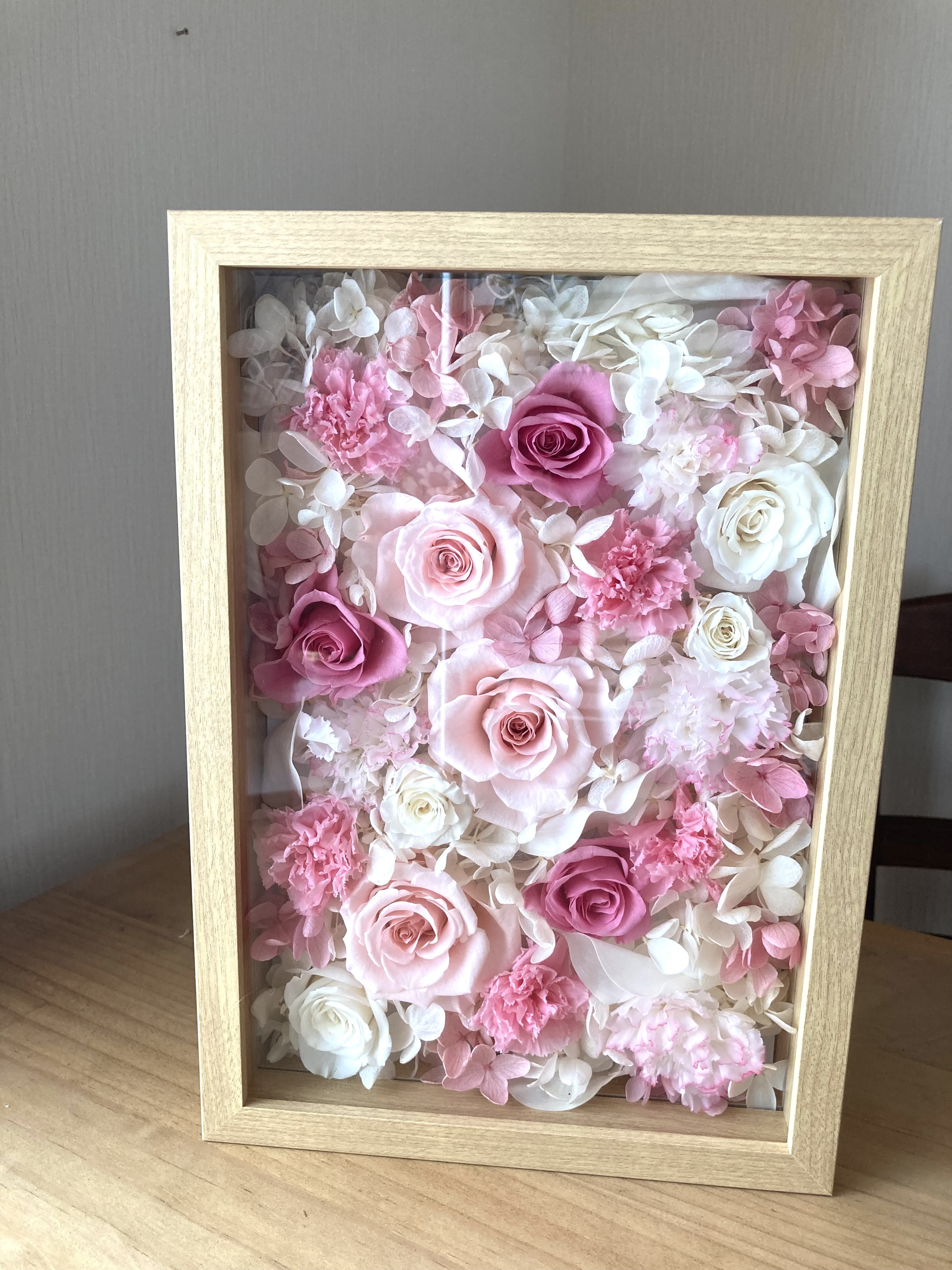 完全オーダーメイド・置型、影掛けOK,！ホコリも大丈夫！ギフトにプリザーブドフラワー木製フレーム・色味相談します。