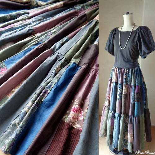 1点もの♥大人のアースカラー♥絵画なパッチワーク♥マキシ丈 超  