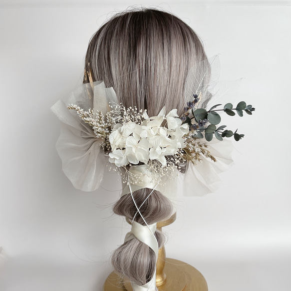 ホワイト合成花ヘアアクセサリー H003/ボタニカル×白×グレージュ×ゴールド豪華17点set ヘッドドレス 髪