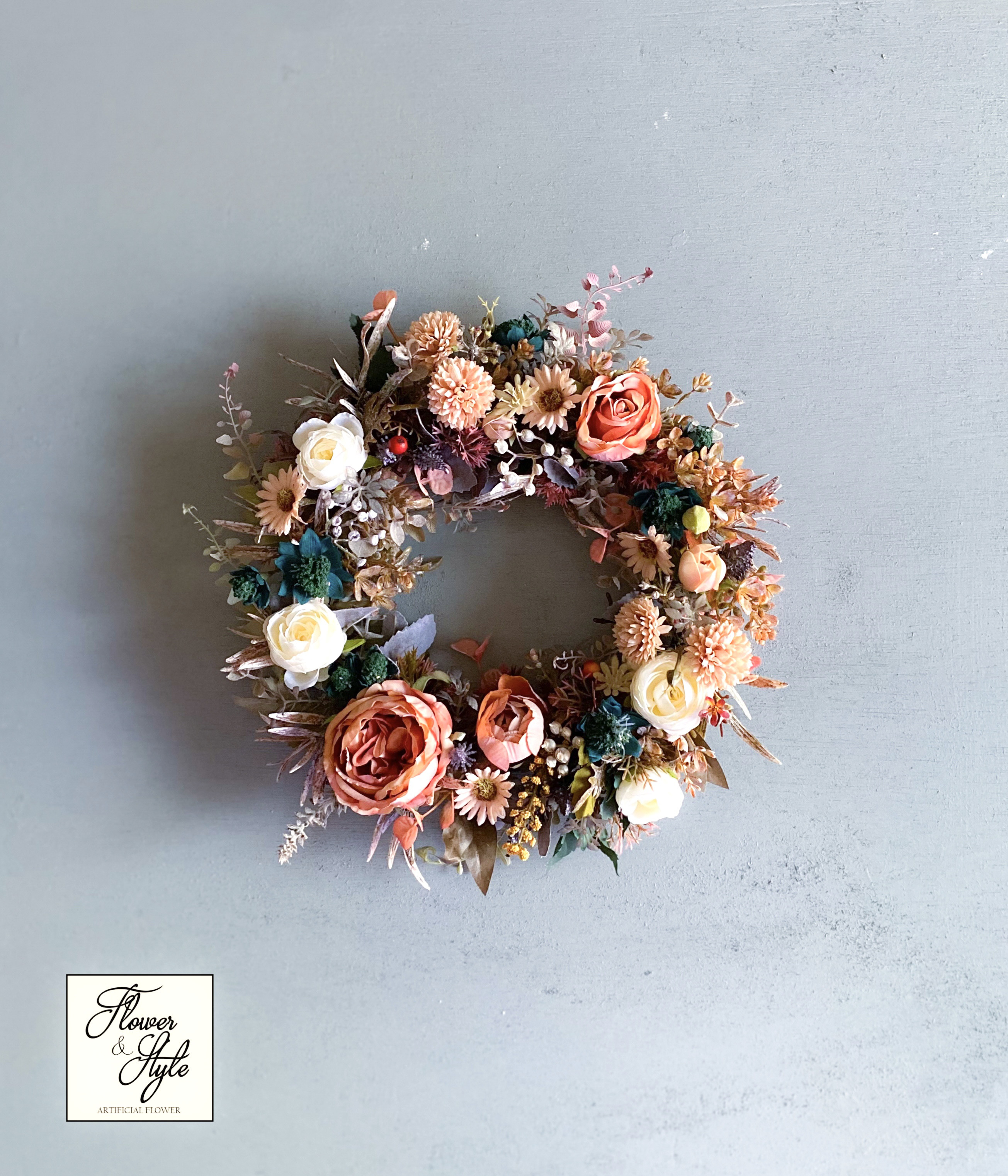 オレンジローズのブロッサムリース｜アーティフィシャルフラワー／光触媒フラワー オレンジローズのブロッサムリース｜アーティフィシャルフラワー