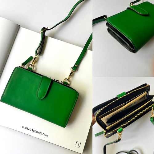 【むー】☆お財布&スマホショルダー ポシェット【ホルスタイン柄】 LIME made in japan お財布ショルダー スマホショルダー 本革