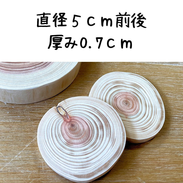 皮無しヒノキの輪切り 直径5cm前後 厚み0.7cm 木材・板 切り株べ