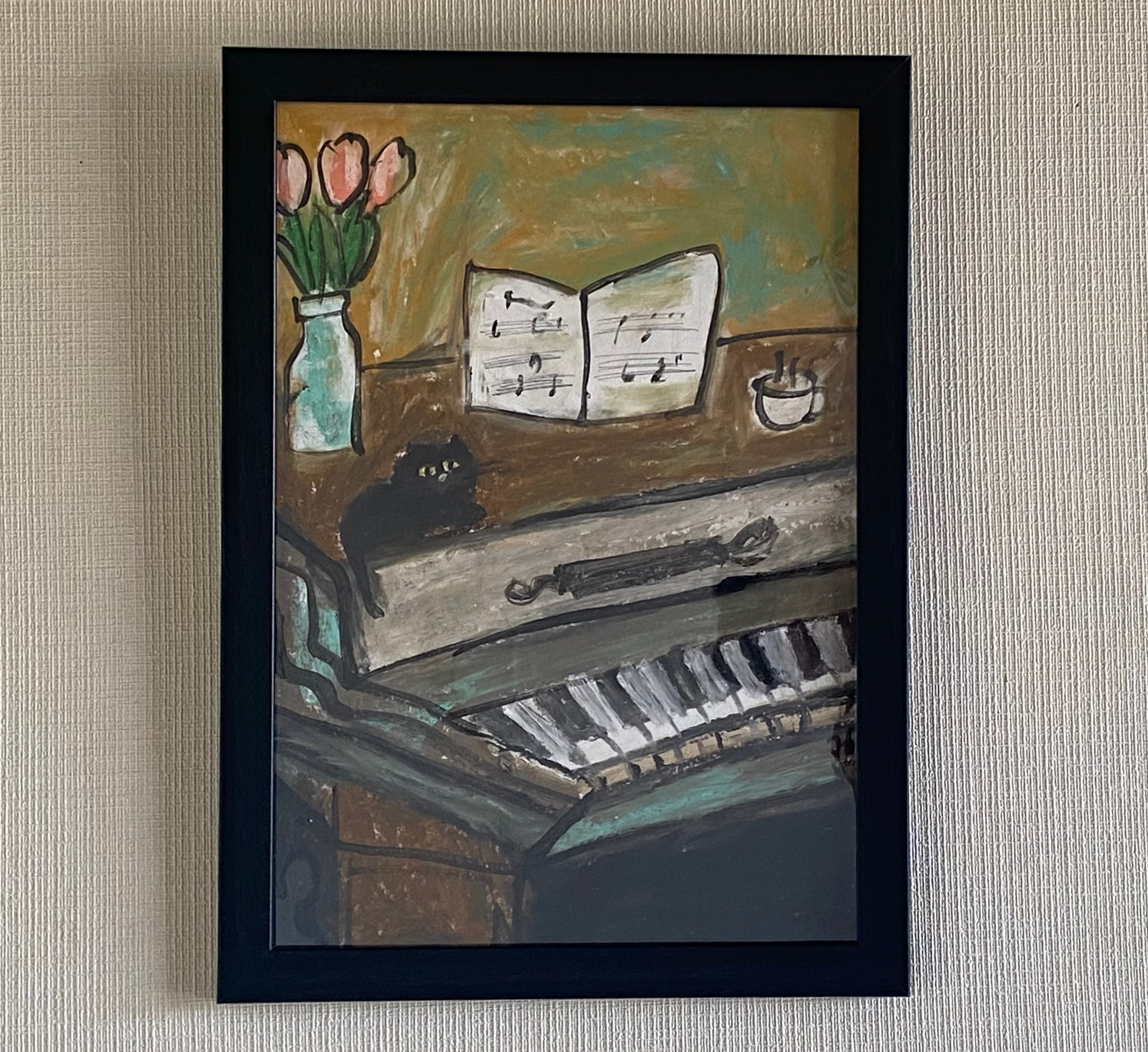 海外最新 絵画。壁掛け原画【ピアノ部屋で音楽を聴くのが好きなかわいい黒猫】 絵画