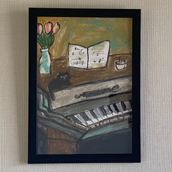 絵画。壁掛け原画【素敵なピアノ曲と椅子の上で寝たい猫】 絵画。壁掛け原画【素敵なピアノ曲と椅子の上で寝たい猫】