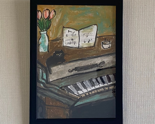 絵画。壁掛け原画【青い空の下のピアノの曲と楽しい猫たち】 絵画。壁掛け原画【青い空の下のピアノの曲と楽しい猫たち