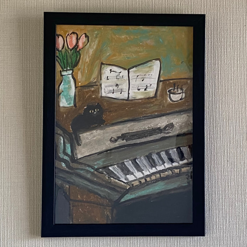絵画。壁掛け原画【青い空の下のピアノの曲と楽しい猫たち】 絵画。壁掛け原画【青い空の下のピアノの曲と楽しい猫たち