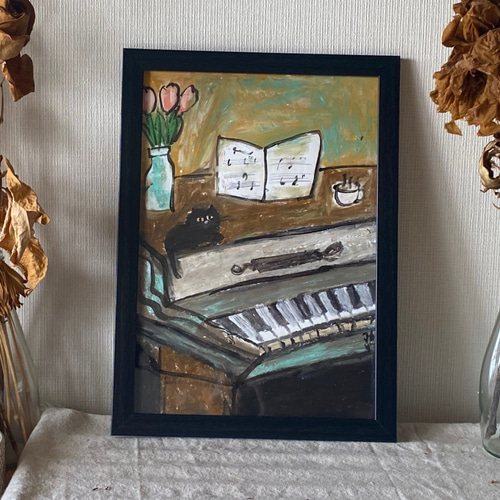 絵画。壁掛け原画【青い空の下のピアノの曲と楽しい猫たち】 絵画。壁掛け原画【青い空の下のピアノの曲と楽しい猫たち】