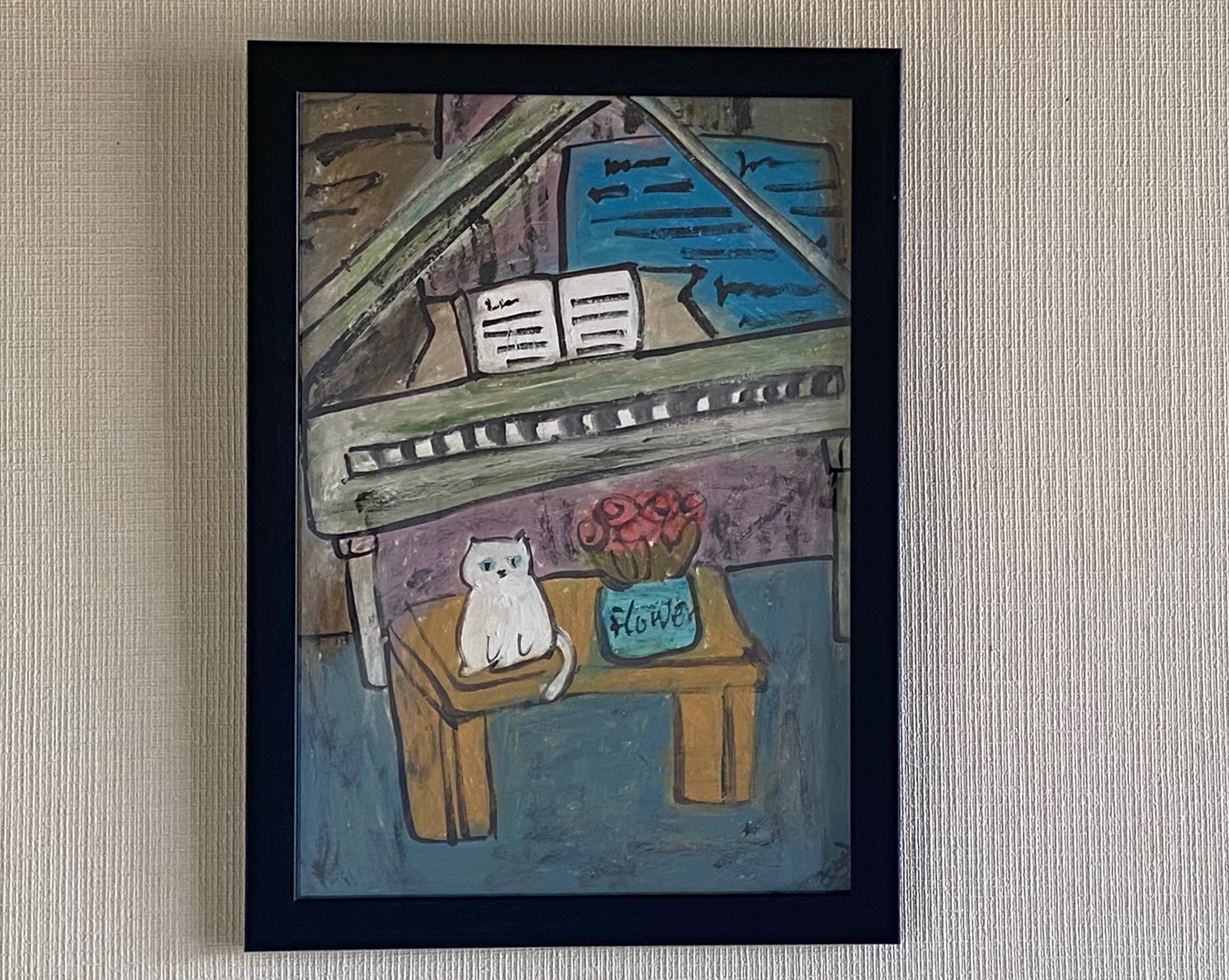 絵画。壁掛け原画【可愛い猫たちのロマンチックなピアノ演奏会】