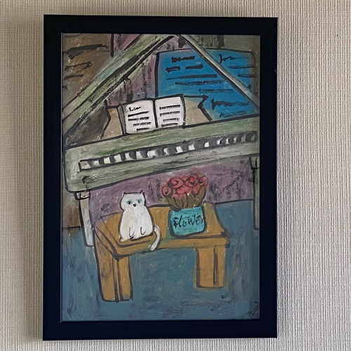 絵画。壁掛け原画【可愛い猫たちとロマンチックのピアノ曲】 絵画。壁掛け原画【ピアノのそばで踊るのが好きなかわいい猫たち