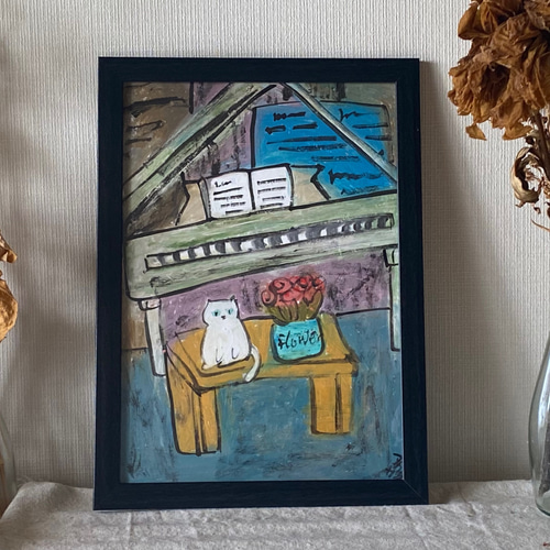 絵画。壁掛け原画【可愛い猫たちのロマンチックなピアノ演奏会】 絵画。壁掛け原画【可愛い猫たちのロマンチックなピアノ演奏会】