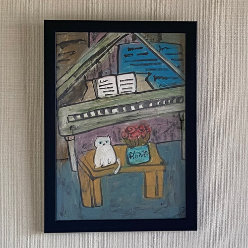 絵画。壁掛け原画【結婚式の素敵なピアノ曲とかわいい白い猫
