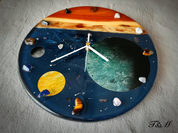 宇宙 ウッド レジン 壁掛け時計 (宇宙 / 星 / 惑星 / 地球 / 彗星 / スプレーアート )　【1点もの】 5枚目の画像