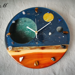 宇宙 ウッド レジン 壁掛け時計 (宇宙 / 星 / 惑星 / 地球 / 彗星 / スプレーアート )　【1点もの】 1枚目の画像