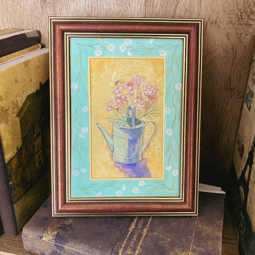 日本画『コスモスと蝶』 /原画 絵 花 コスモス アンティーク 絵画 紫苑