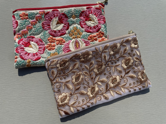 インド刺繍生地　ポーチ ポーチ インド刺繍ポーチ フラットポーチ 2段ファスナー ミラー