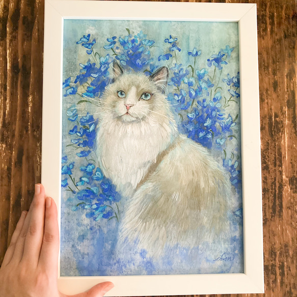 日本画『猫と青い花』 /原画 猫 花 絵 青 デルフィニウム 絵画 紫苑