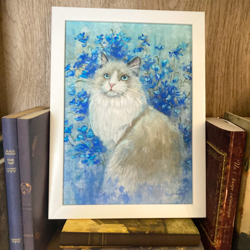 日本画『猫と青い花』 /原画 猫 花 絵 青 デルフィニウム 絵画 紫苑