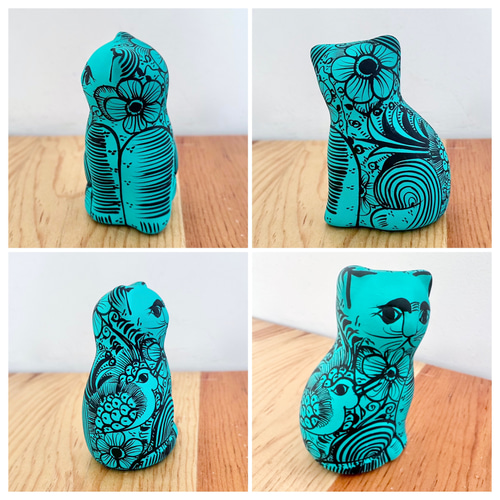 メキシコビンテージ　タトゥーのような美しい幾何学模様の猫陶器オブジェ メキシコビンテージ タトゥーのような美しい幾何学模様の猫陶器