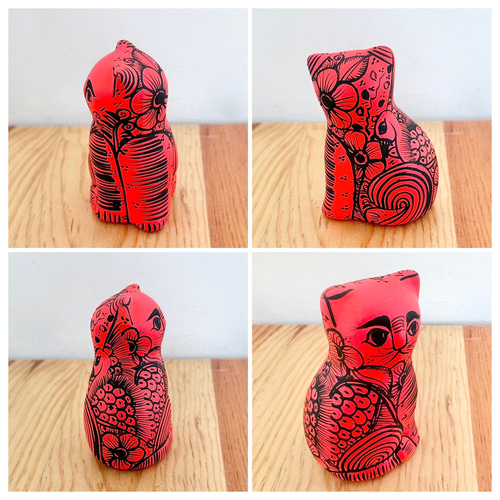 メキシコ/素焼きペイント】ネコの置物（陶器）（ホワイト・レッド