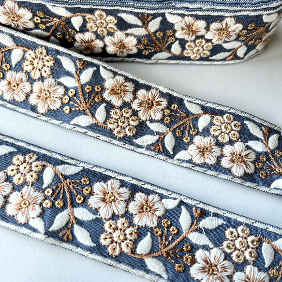 【50cm】インド刺繍リボン　ブルーグレー　シルク　GS863 1枚目の画像