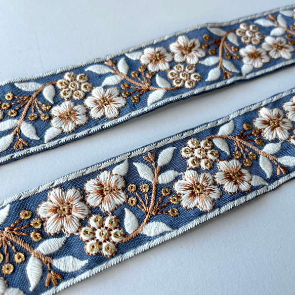 【50cm】インド刺繍リボン　ブルーグレー　シルク　GS863 4枚目の画像