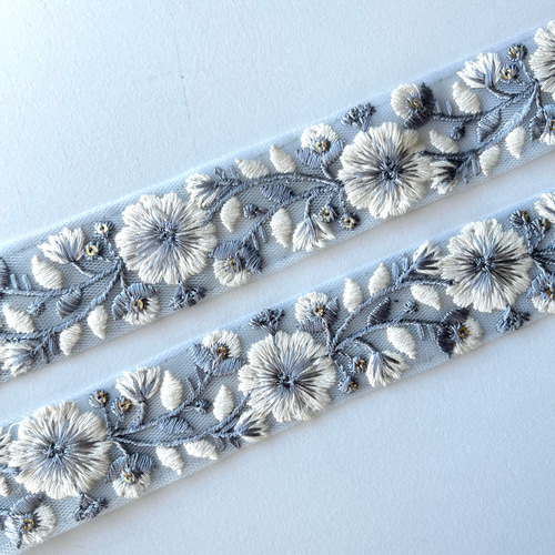 50cm】インド刺繍リボン ブルーグレー GN870 リボン・テープ CRAFT D  