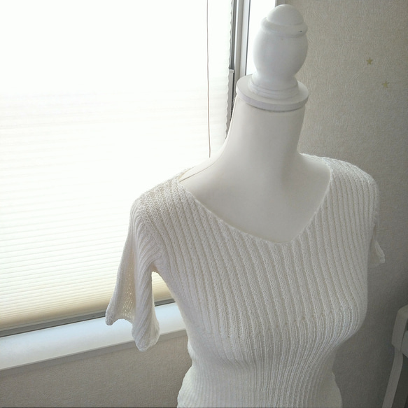 【送料無料】総手編み １枚でも重ね着しても◎シンプルニットチュニックワンピ白 6枚目の画像