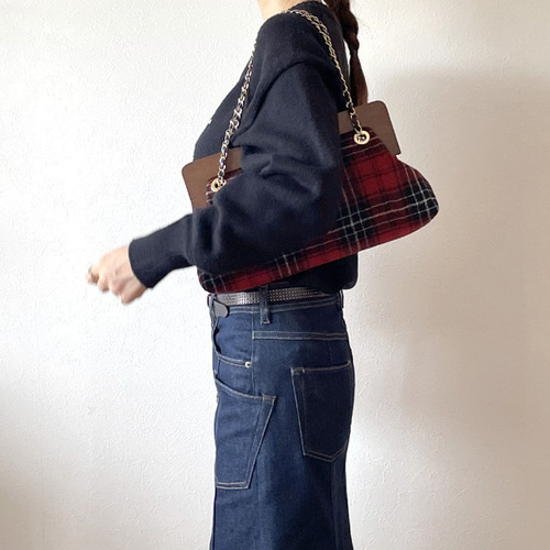 秋冬限定】2way赤タータンチェック柄木枠ショルダーバッグ／クラッチ