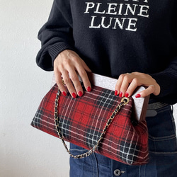 秋冬限定】2way赤タータンチェック柄木枠ショルダーバッグ／クラッチ