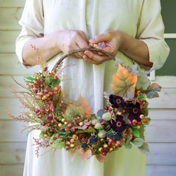 完売【特集掲載】玄関リース／秋色ベリーのアレンジハーフリース／秋の