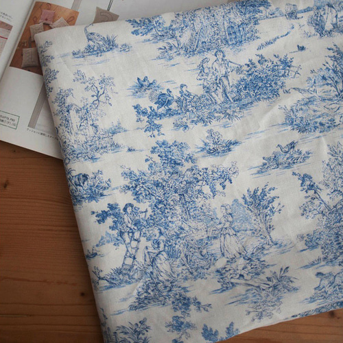 フランス名画風 アンティーク トワルドジュイ ブルー コットンリネン