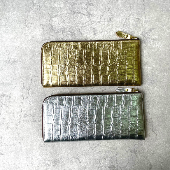 ピッグスキンのクロコダイル型押し長財布　ゴールド・シルバー 12枚目の画像