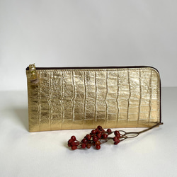 ピッグスキンのクロコダイル型押し長財布　ゴールド・シルバー 2枚目の画像