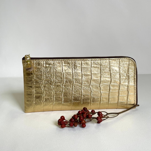 ピッグスキンのクロコダイル型押し長財布　ゴールド・シルバー 2枚目の画像