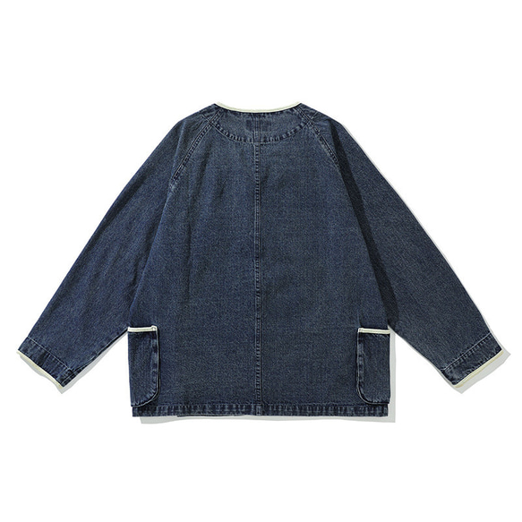 カラーブロック・ポケット付きノーカラー・デニム・ジャケット メンズ アウトドアアウターコート ブルー 2枚目の画像