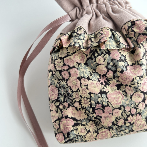 大人可愛い♡フリル巾着ポーチ】リバティタナローン チャイブ マチ付き