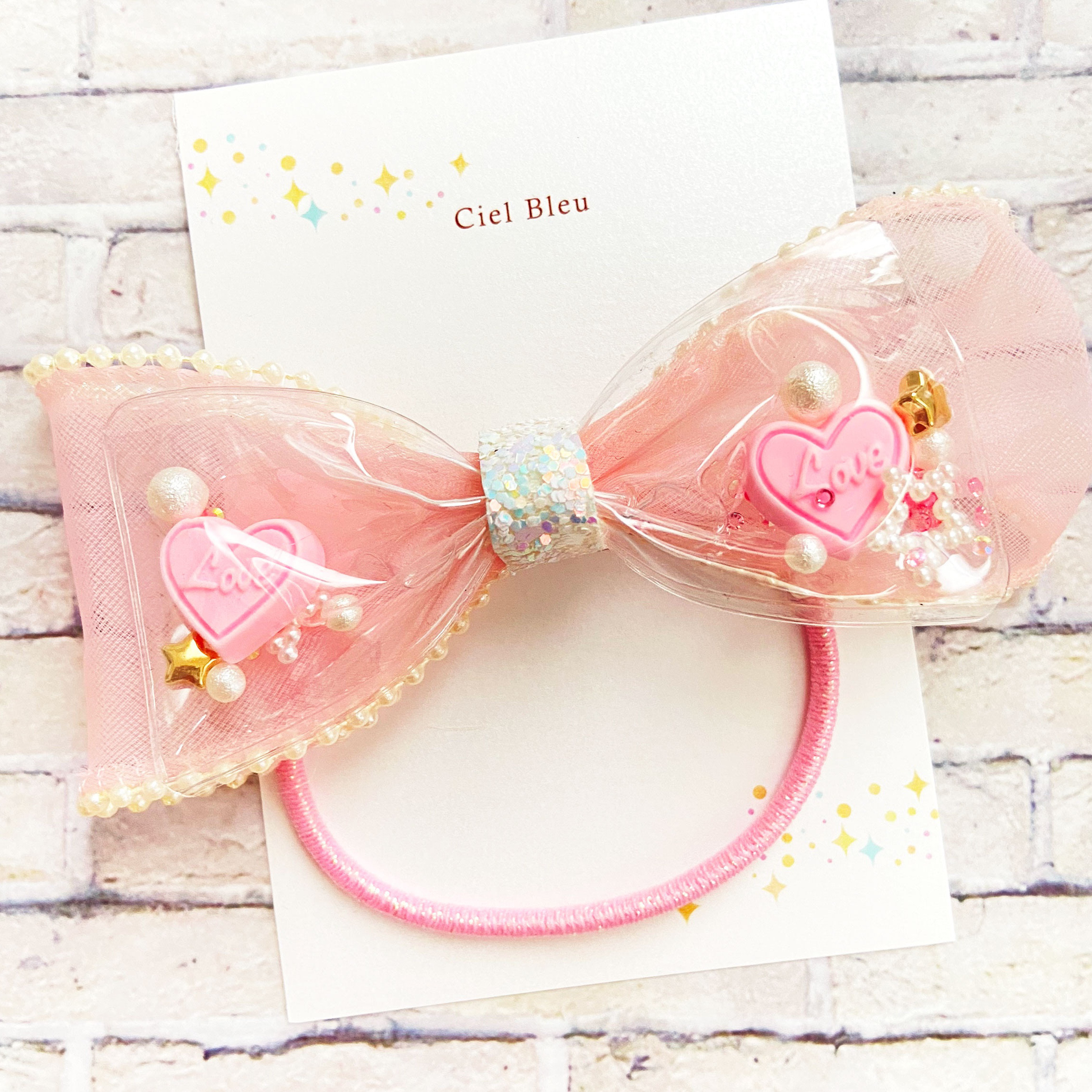 ✗】チュールとお花のリボンヘアゴムハートパーツ