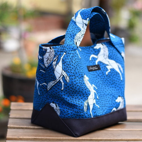 受注製作】アフリカ布 ミニトートバッグ 馬柄ブルー アフリカン