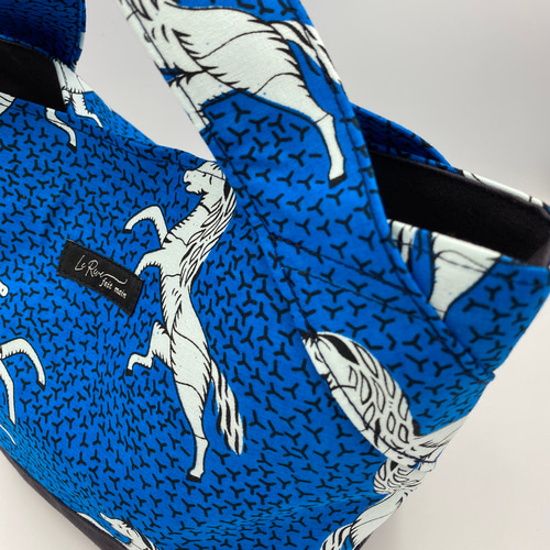 受注製作】アフリカ布 ミニトートバッグ 馬柄ブルー アフリカン