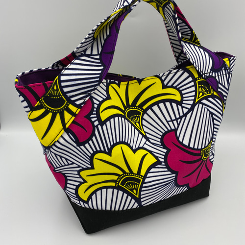 受注製作】アフリカ布 ミニトートバッグ イチョウ柄ピンク×パープル