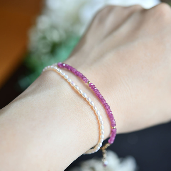 原創高品質粉色藍寶石和小珍珠手鍊九月/六月生日石 第9張的照片