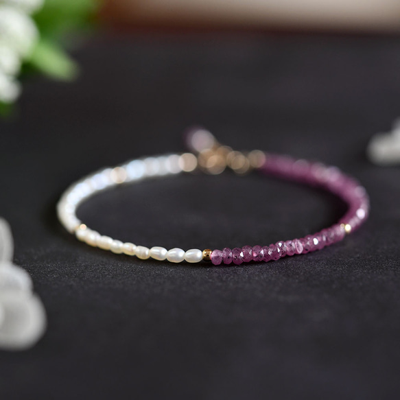 原創高品質粉色藍寶石和小珍珠手鍊九月/六月生日石 第3張的照片