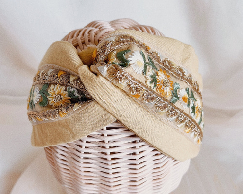 ＊handmade＊no.255 クロスリボンターバン　ヘアバンド ヘアバンド♡インド刺繍リボン ターバン クロスターバン ヘア