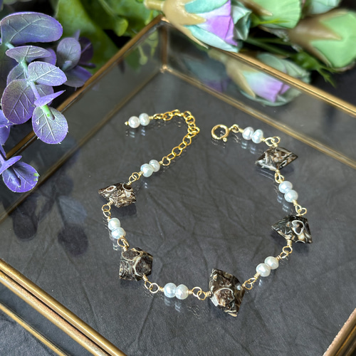 14kgf*ツリテラアゲートと淡水パールのブレスレット／天然石  